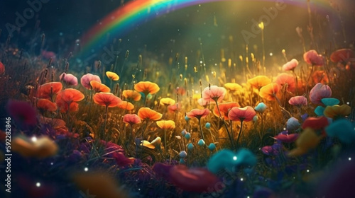 colorful spring’s flowers, over the beautiful wonderful rainbow, fantasy, romantic dreamy mood