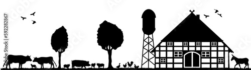 Farm agriculture landscape background banner panorama vector illustration - Black silhouette of farmhouse, animals and trees on field, isolated on white background