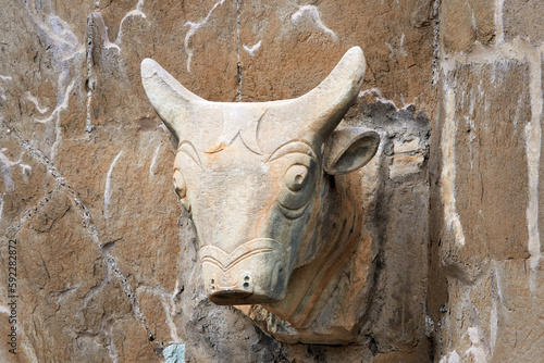 Mtskheta, Georgia. Svetitskhoveli is the cathedral patriarchal temple of the Georgian Orthodox Church, the main cathedral of all Georgia. Sculpture of a bull's head at the entrance.  photo