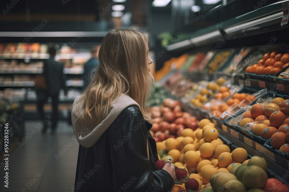 Woman at the greengrocer section of the supermarket, generative ai