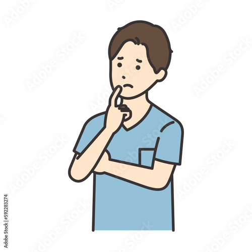 顎に人差し指をあてて悩む看護師の男性のイラスト