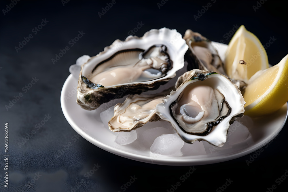 Naklejka premium Platter of fresh oysters on crushed ice served with lemons. Selective focus of fresh oysters closeup, generative AI.
