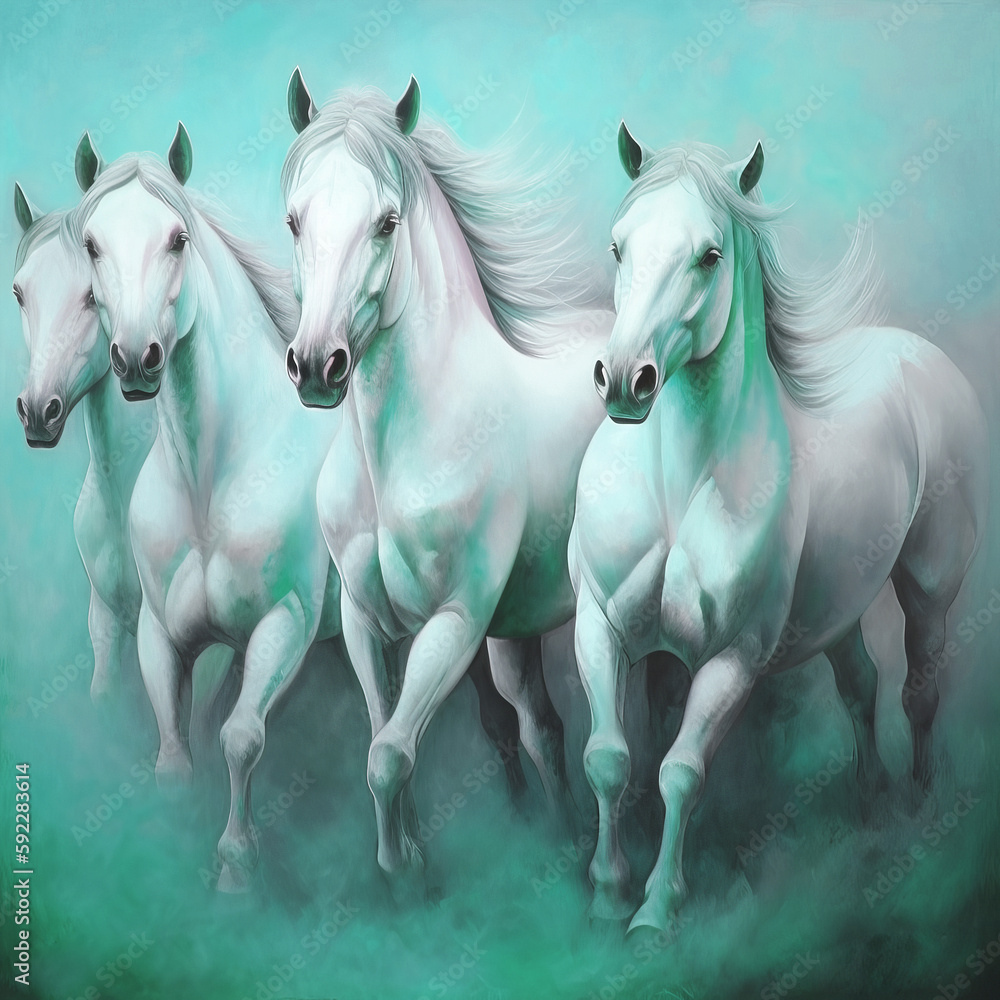 Four free white horses are galloping.