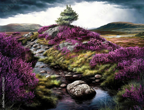 Scotland landscape purple heather Purple heather and beach at Traigh, Arisaig Generative AI photo