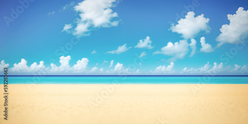 sea, sand, sky and summer day banner. Panoramic beach landscape. Empty tropical beach and seascape. sky, soft sand, calmness, tranquil relaxing sunlight, summer mood vacation. Generative AI