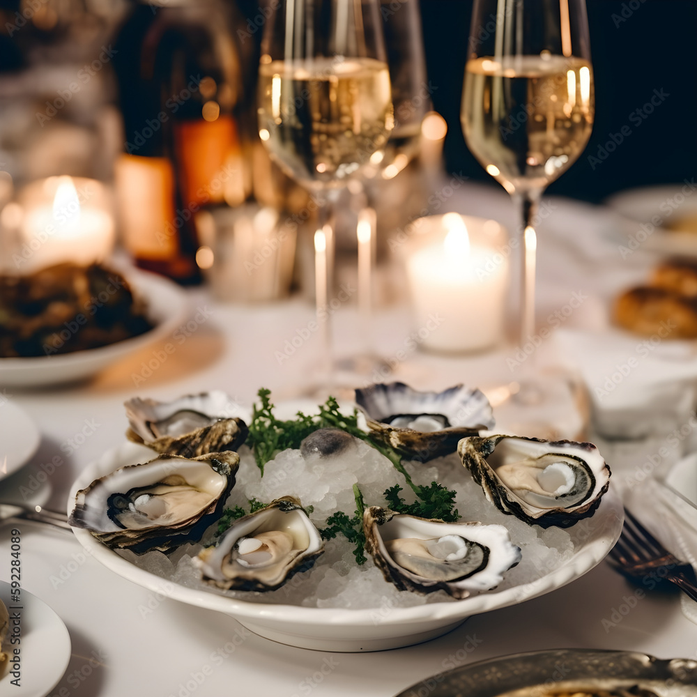 Fototapeta premium Laid table, plate of fresh oysters on crushed ice, served with white wine. Selective focus of fresh oysters closeup, generative AI.