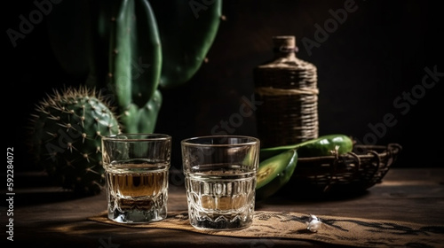 mexican hat, tequila glass, cactus