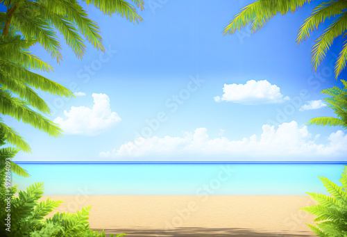 Beautiful beach with white sand, turquoise ocean water and blue sky with clouds in sunny day. Panoramic view. Natural background for summer vacation. Generative AI © Celt Studio