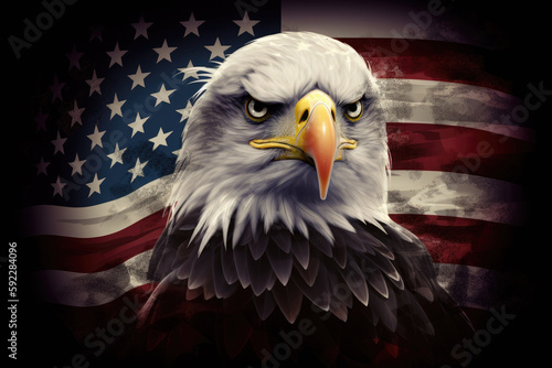 Bald eagle profile portrait on the USA flag background. Independence Day concept. Generative AI