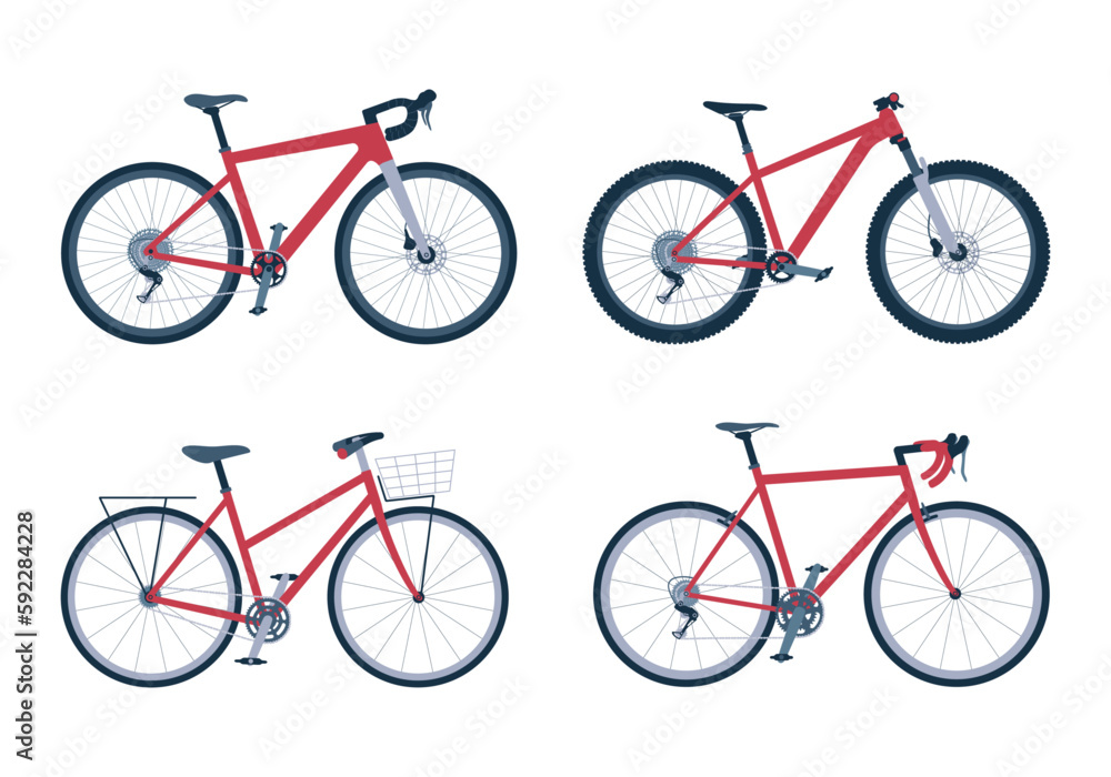 Gravel, road, mountain, city bikes. Set of different eco-friendly vehicles. Bicycle collection. Isolated vector illustration Gravel, road, mountain, city bikes. Set of different eco-friendly vehicles. Bicycle collection. Isolated vector illustration
