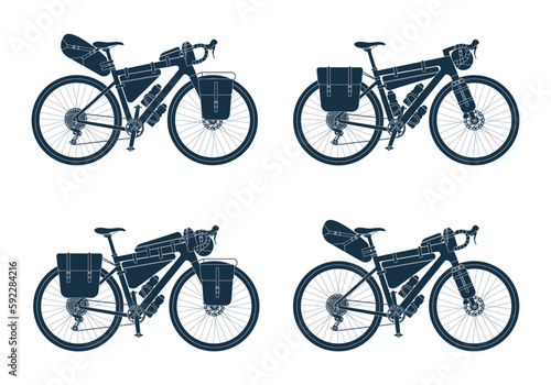 Set of touring bikes with bikepacking bags in black silhouette. Road, gravel bicycle and elements gear. Saddlebag, frame, trunk, handlebar bag. Collection isolated vector illustration