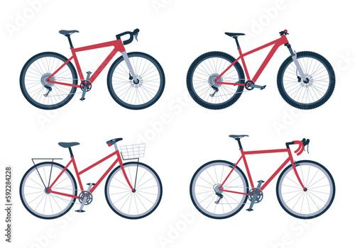 Gravel, road, mountain, city bikes. Set of different eco-friendly vehicles. Bicycle collection. Isolated vector illustration photo