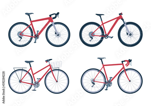 Gravel, road, mountain, city bikes. Set of different eco-friendly vehicles. Bicycle collection. Isolated vector illustration