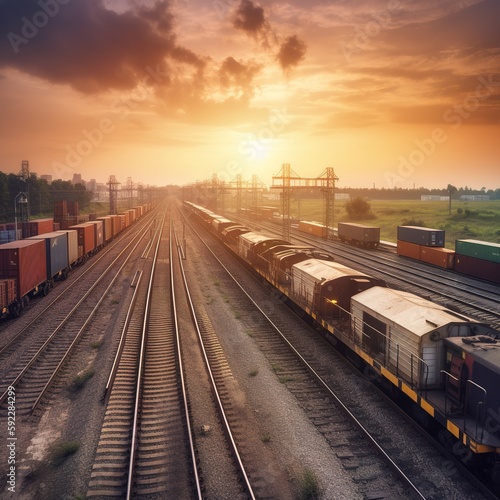 cargo train with containers at dusk, Freight trains - The railroad industry. generative ai
