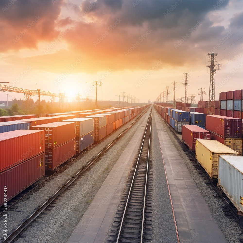 Obraz premium freight train at sunset with containers. generative ai