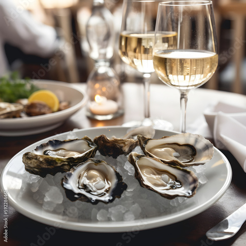 Laid table, plate of fresh oysters on crushed ice, served with white wine. Selective focus of fresh oysters closeup, generative AI.