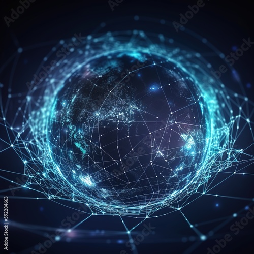 earth globe network connections and abstract background with glowing lights. generative ai