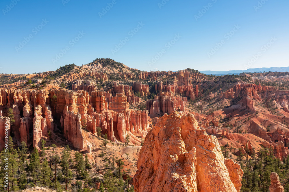 Scenic aerial view on sandstone rock formations on Navajo Rim hiking trail in Bryce Canyon National Park, Utah, USA. Looking on hoodoo rocks in unique natural amphitheatre on sunny blue sky summer day Scenic aerial view on sandstone rock formations on Navajo Rim hiking trail in Bryce Canyon National Park, Utah, USA. Looking on hoodoo rocks in unique natural amphitheatre on sunny blue sky summer day