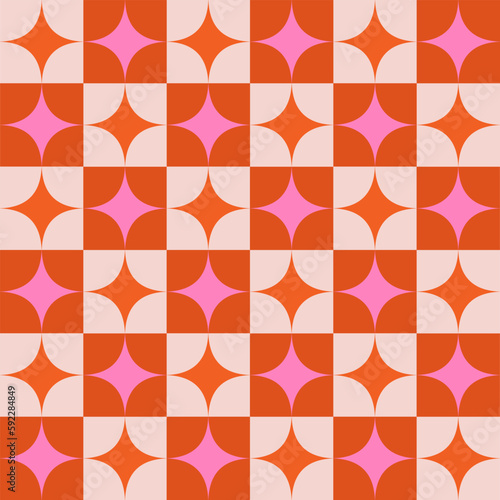 Checkered Pink and orange Mid Century Atomic retro starbursts seamless pattern. For textile, home decor and fabric  