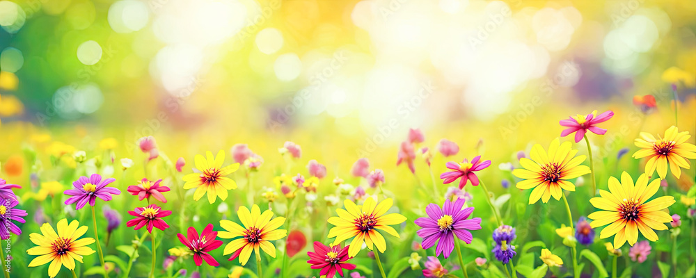 Summer spring natural flower background banner. Wildflowers on bright sunny day with beautiful bokeh. Sunny garden in sunlight on nature outdoors. wide banner format. Generative AI