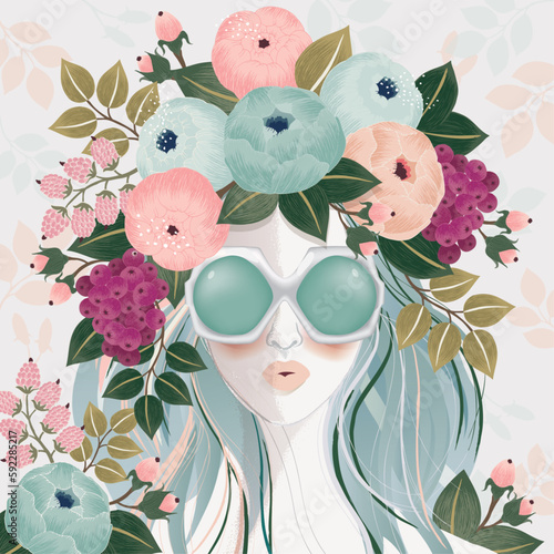 Fototapeta Naklejka Na Ścianę i Meble -  Vector illustration of a girl wearing sunglasses and with flowers in her hair. 