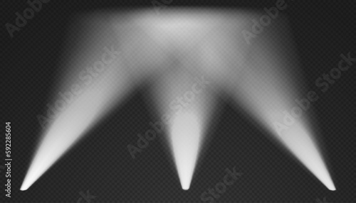Three white searchlights in the air. Cone volumetric lights from bottom with darkened edges. Spotlight effect on dark background. Empty studio or concert scene. 3d rendering.