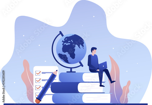 Online education concept. Vector flat illustration. Illustration in flat style with people studying remotely. Students learning online. Vector illustration EPS 10