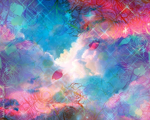 カラフルな薔薇のペン画フレームと宇宙に漂う美しい虹色の雲海の夢可愛いファンタジー背景イラスト 