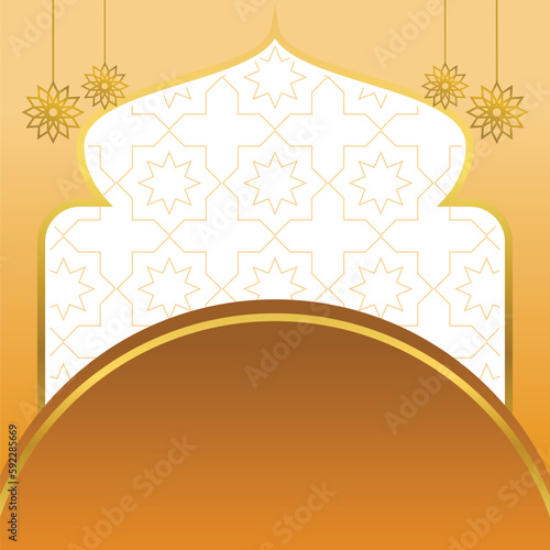 islamic sale poster template with free space for text and image. It has golden color mandala and dome ornament. Design for banners, greeting cards, social media and web.