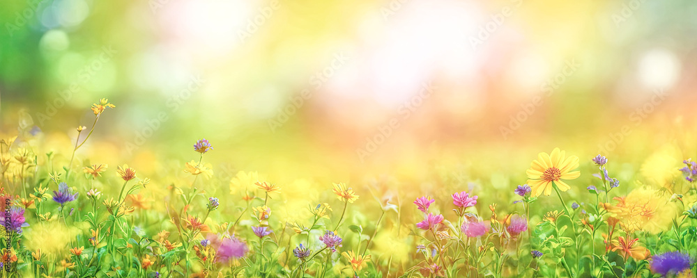 Beautiful field meadow flowers chamomile, blue wild peas in morning, nature landscape, close-up macro. Wide format, copy space. Delightful pastoral airy artistic image. Generative AI