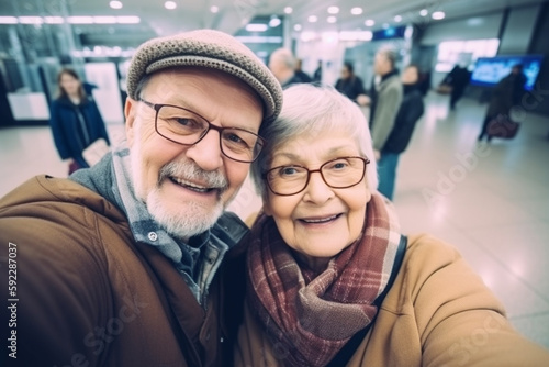  Couple of old people travelers tourists make selfie. Created with generative Ai technology.