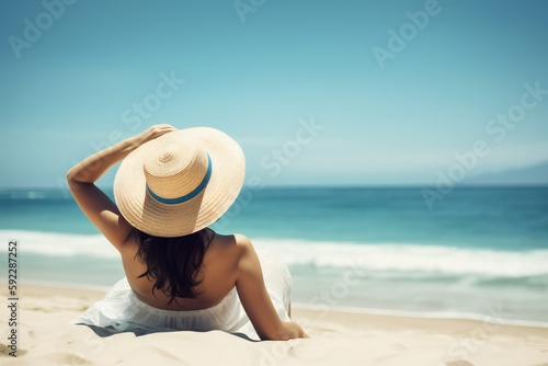 A view from the back of a black haired woman in a straw hat and white dress at the beach enjoying the sunny weather, generative AI