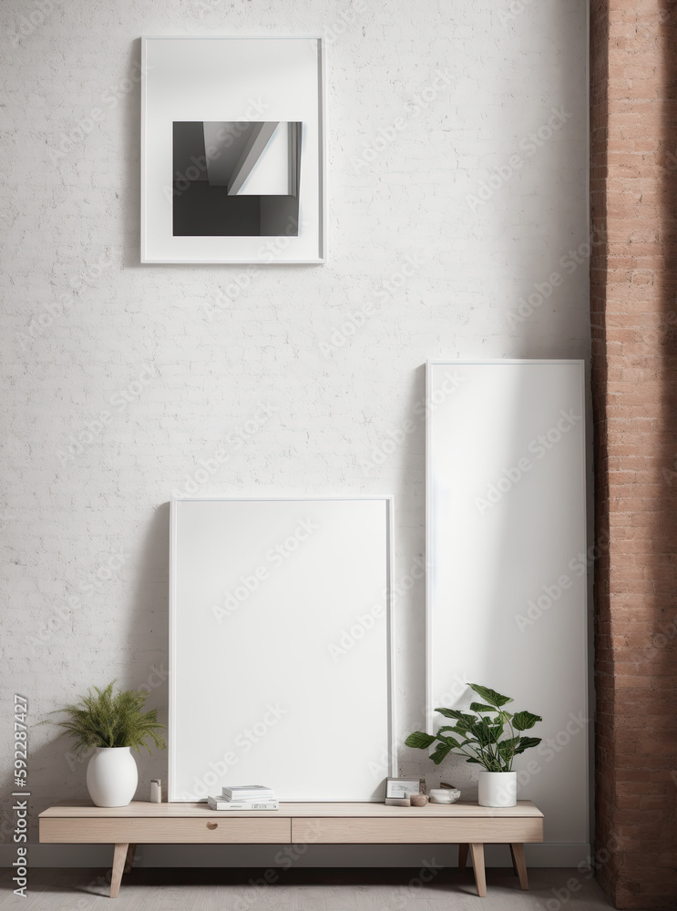 A Mockup Photo of a Living Room with Blank Canvas and Empty Frame on a Brick Wall Background, Perfect for Artists and Designers Seeking Inspiration and a Stylish Way to Showcase Their Artwork A Mockup Photo of a Living Room with Blank Canvas and Empty Frame on a Brick Wall Background, Perfect for Artists and Designers Seeking Inspiration and a Stylish Way to Showcase Their Artwork