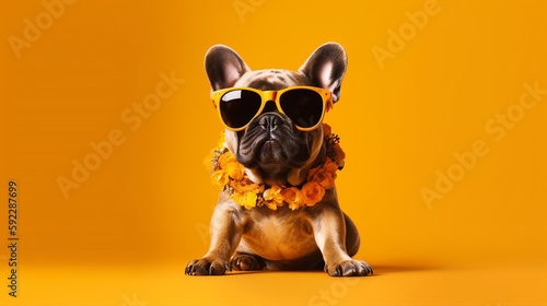 The Whimsical Puppy in Spring-Colored Glasses: An Abstract Clip-Art Wonder. AI Generated Art. Copyspace, Background, Wallpaper. Spring and Summer Vibes. Colourfull Animals. © Slothland Studio