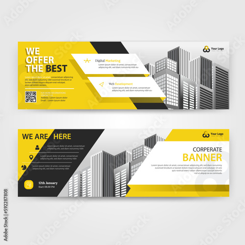 Yellow and Black color abstract corporate business banner template, horizontal advertising business banner layout template for website design