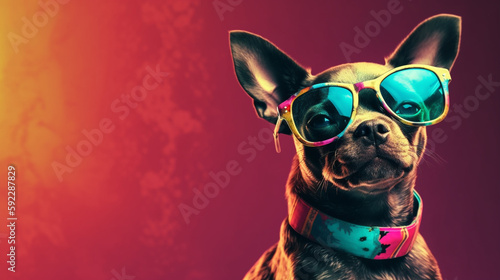 The Cool and Unique Puppy in Glasses: An Abstract Clip-Art Delight. AI Generated Art. Copyspace, Background, Wallpaper. Spring and Summer Vibes. Colourfull Animals. © Slothland Studio