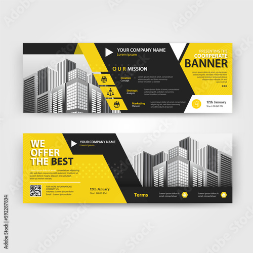 Yellow and Black color abstract corporate business banner template, horizontal advertising business banner layout template for website design