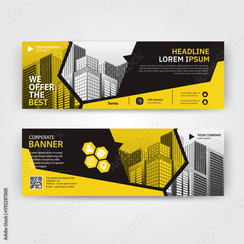 Yellow and Black color abstract corporate business banner template, horizontal advertising business banner layout template for website design