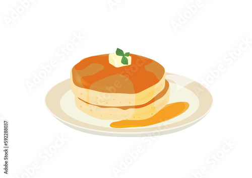 バターと葉の飾り付け　シンプルなパンケーキのイラスト　おやつ　デザート