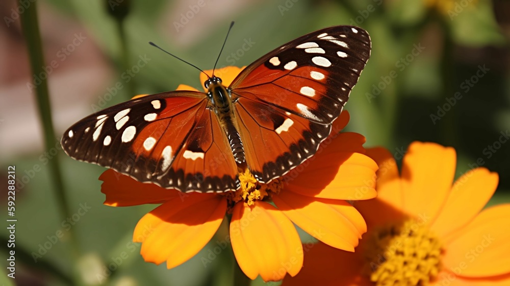 A close-up of a butterfly perched on a flower, with its wings spread wide. 