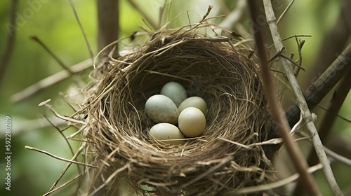 A close-up of a bird's nest with eggs inside, perched on a branch.