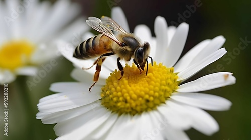 A close-up of a bee collecting nectar from a flower in a garden. 