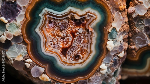 A close-up of a geode, revealing the intricate patterns and colors of its crystal formations. photo