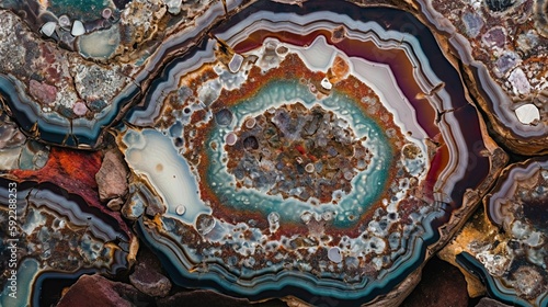 A close-up of a geode  revealing the intricate patterns and colors of its crystal formations.