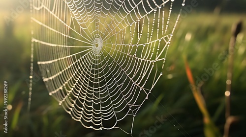 A close-up of a spider's web, with dew drops sparkling in the morning sun. 