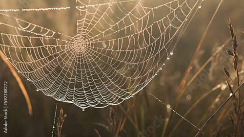 A close-up of a spider's web, with dew drops sparkling in the morning sun. 