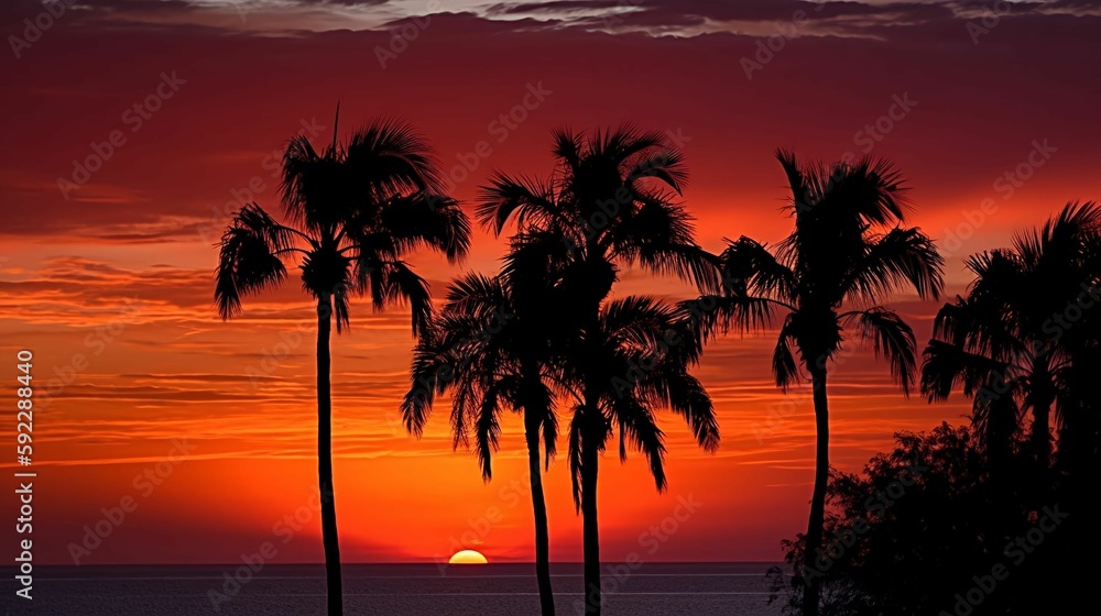 A fiery red and orange sunset over the ocean, with palm trees silhouetted against the sky.