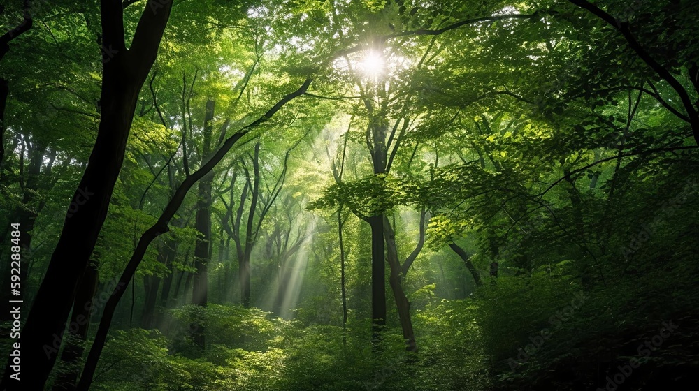 A green forest canopy, with shafts of light streaming through the leaves. - obrazy, fototapety, plakaty 