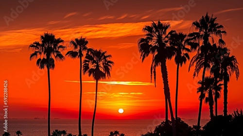 Fototapeta Naklejka Na Ścianę i Meble -  A fiery red and orange sunset over the ocean, with palm trees silhouetted against the sky.