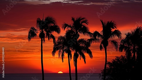 A fiery red and orange sunset over the ocean  with palm trees silhouetted against the sky.